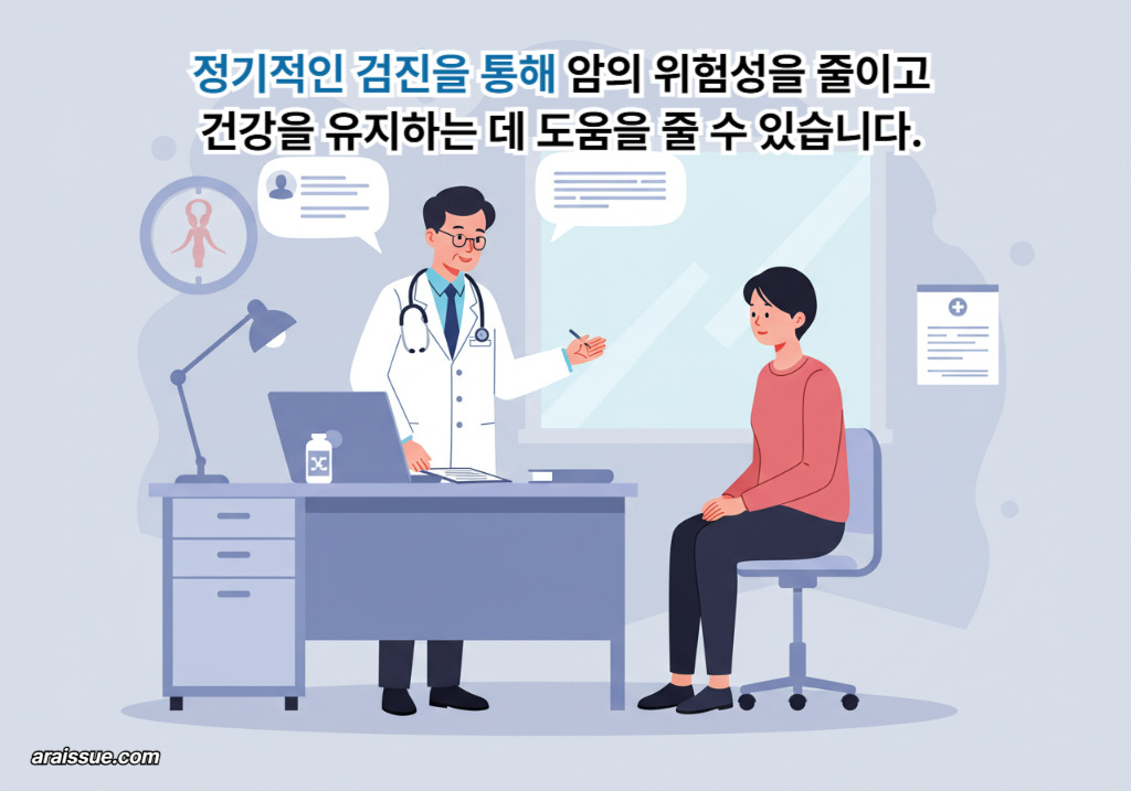 암검진에 대해 설명하는 의사와 환자의 대화 장면. 한국의 현대적인 병원에서 이루어지는 건강 검진의 중요성을 강조합니다.
