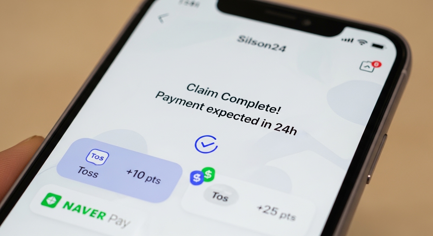 '실손24' 앱에서 '청구 완료! 24시간 내 입금 예정'이라는 알림과 함께, 토스/네이버페이 포인트가 적립되는 이미지