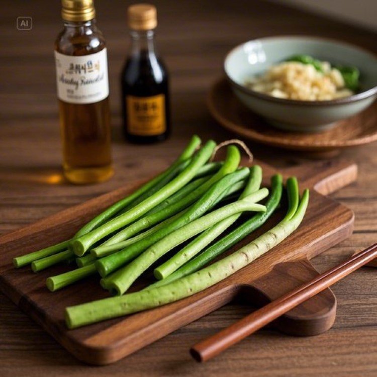 신선한 초록색 고구마줄기가 나무 도마 위에 정갈하게 놓여있고, 옆에는 들기름 병과 국간장, 다진마늘이 작은 그릇에 담겨있는 모습. 배경은 따뜻한 톤의 주방 분위기로 자연광이 은은하게 들어오는 아늑한 한식 요리 준비 장면