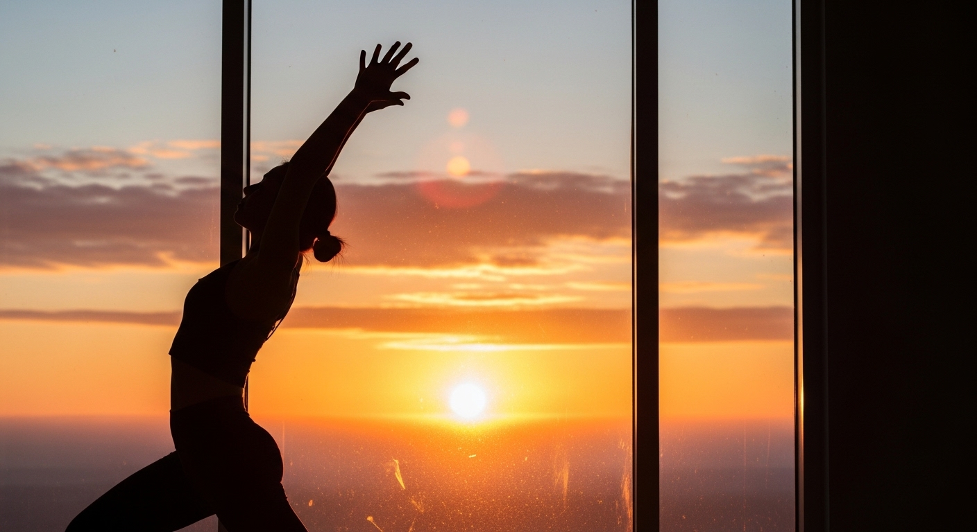 태양이 떠오르는 창가에서 기지개를 켜는 사람. 활력과 새로운 시작을 상징