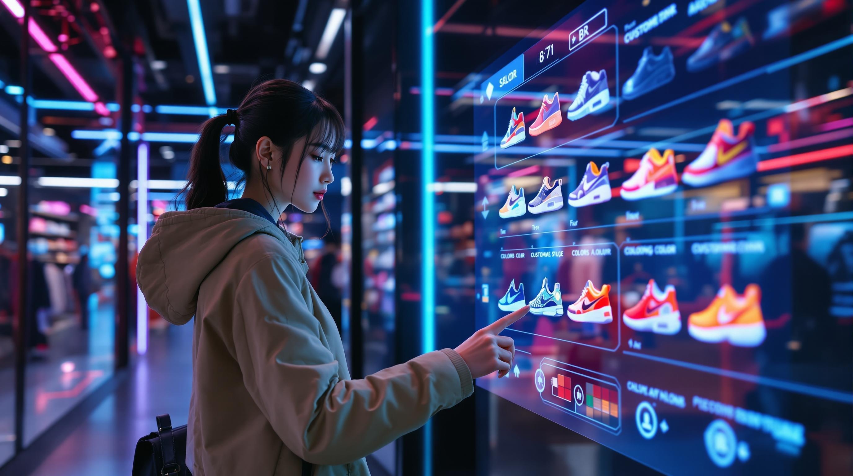 디스플레이를_통해_자신의_신발선택하는_젊은여성