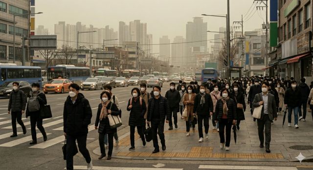 오늘 황사 수치 높은 날 마스크를 착용하고 외출하는 사람들