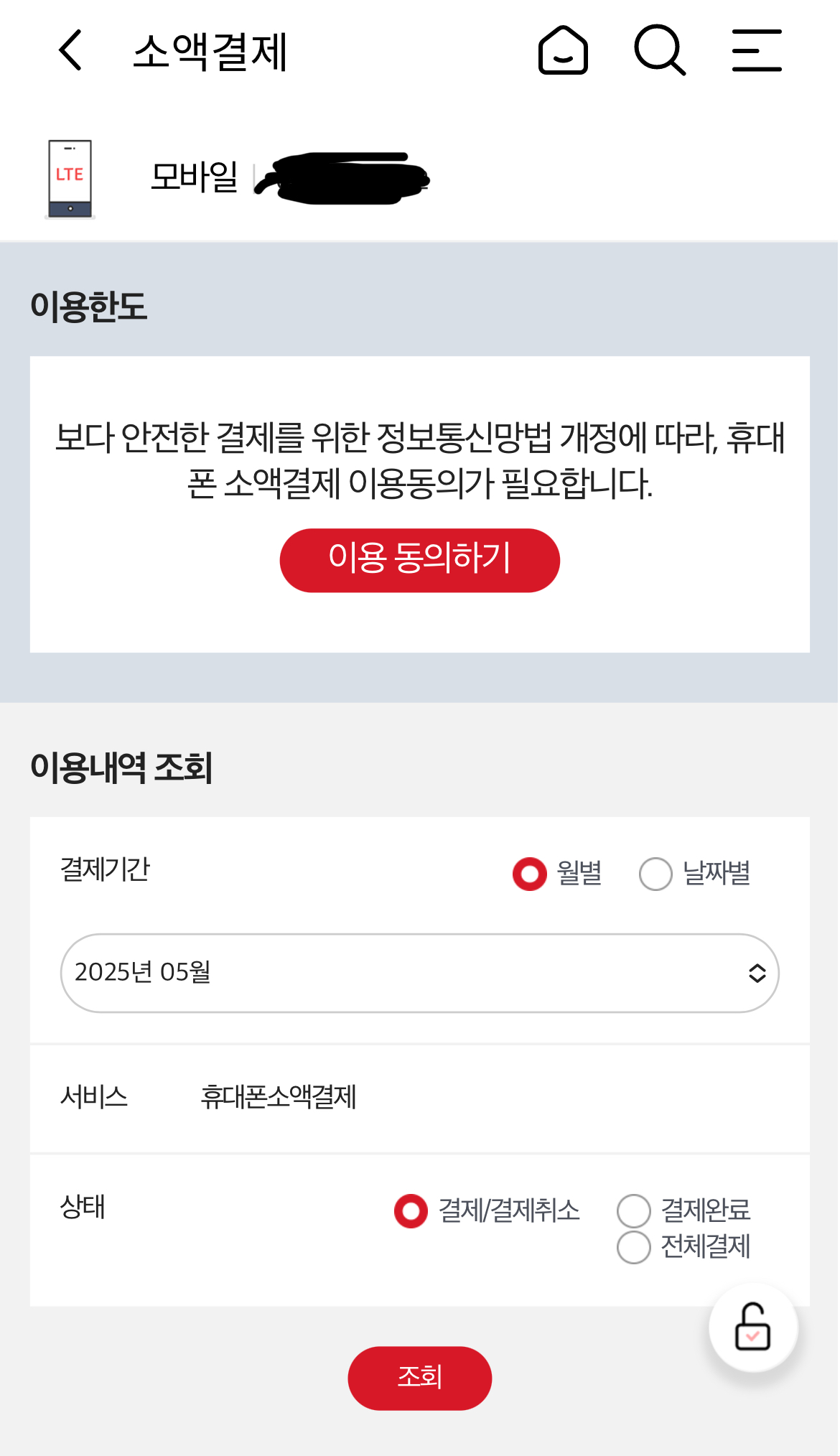 휴대폰 소액결제 차단 확인 화면