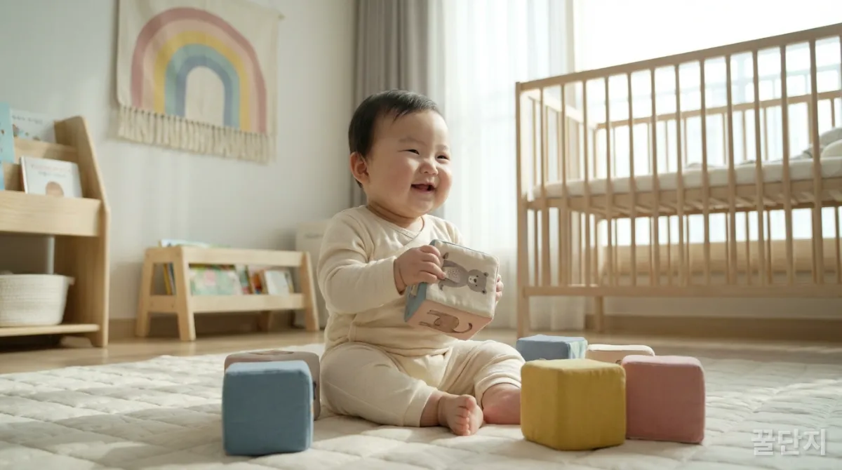 아동수당과 부모급여 혜택을 상징하는 행복하게 노는 한국인 아기