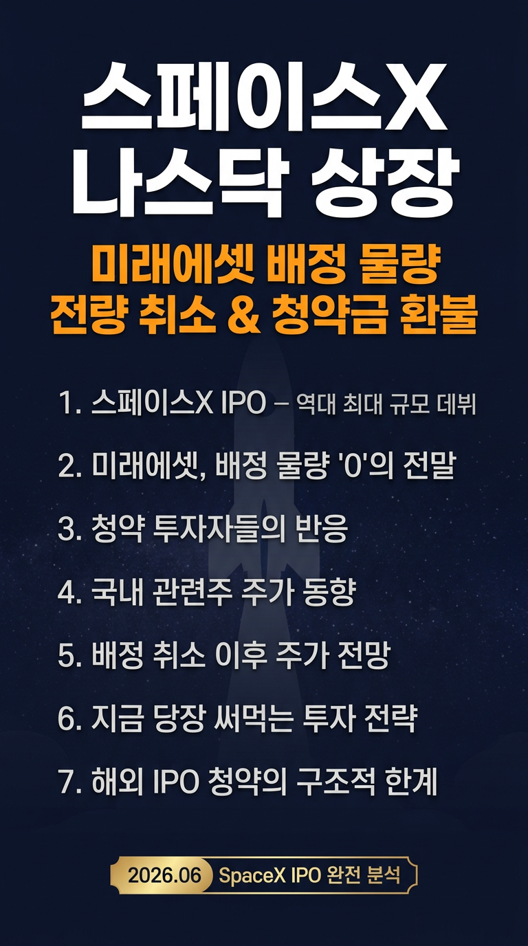 스페이스X IPO, 상장 결과, 미래에셋 배정 물량 취소 이유, 청약금 전액 환불, 반응, 관련주 주가 전망, 투자 전략