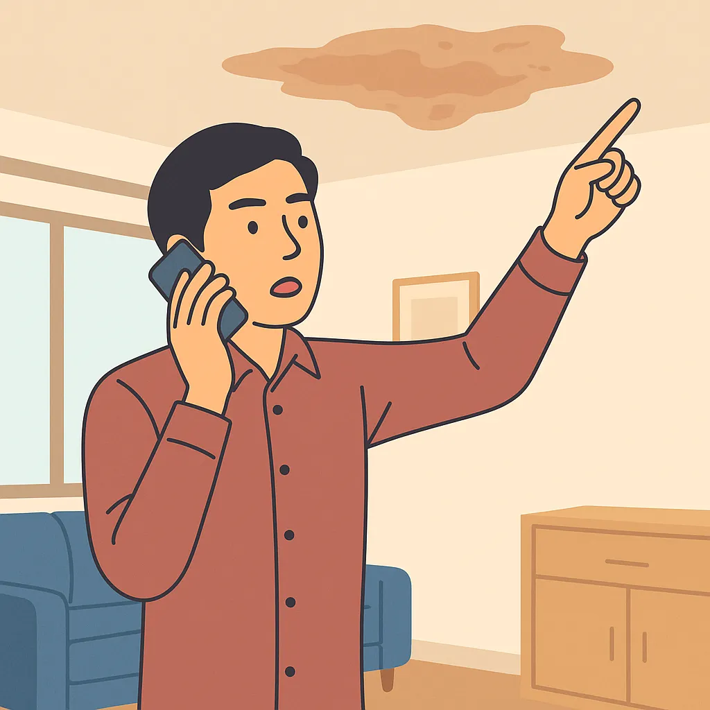 천장 누수를 가리키며 통화하는 남성