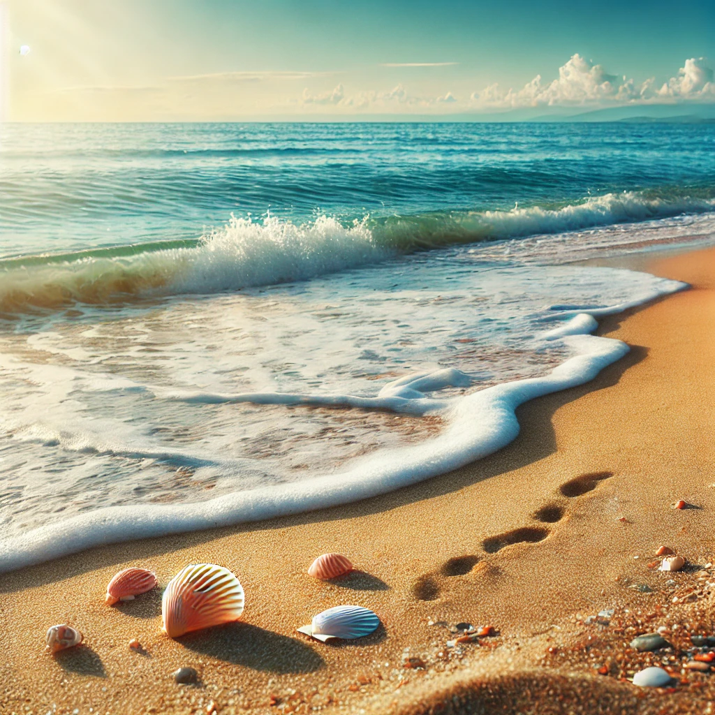 잔잔한 파도와 조개껍질이 있는 해변