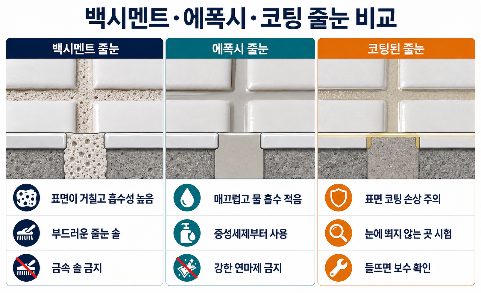 백시멘트 에폭시 코팅 줄눈 특징과 재질별 청소법 비교