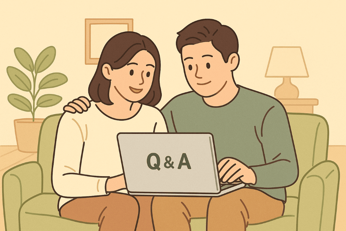 노트북으로 Q&A 읽으며 자녀장려금 신청 준비하는 부부 모습