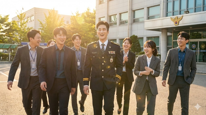 햇살이 쏟아지는 경찰서 앞마당에서 진이수와 팀원들이 활짝 웃으며 걸어오는 모습