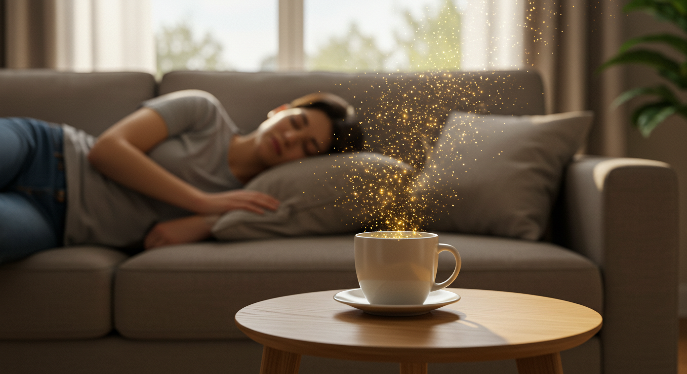 소파에서 15분 파워낮잠을 자는 사람과 커피컵에서 올라오는 황금빛 입자들이 수면과 카페인 에너지의 완벽한 타이밍을 상징하는 모습