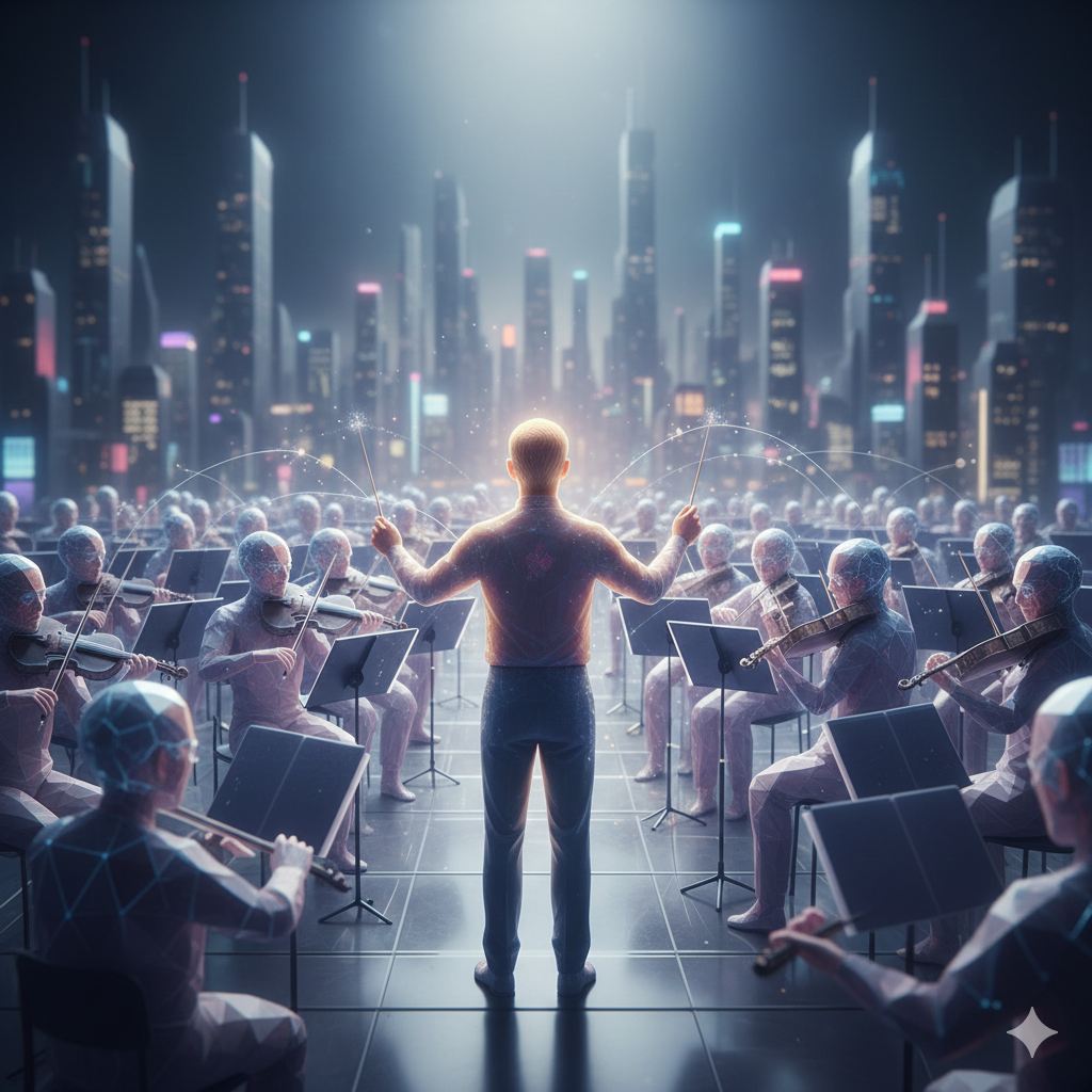 미래 도시를 배경으로 인간 지휘자가 중앙에 서서 여러 AI 오케스트라 단원들을 지휘하는 장면. 인간의 통제와 책임 속에서 인공지능들이 조화롭게 협업하는 모습을 상징적으로 표현한 이미지.