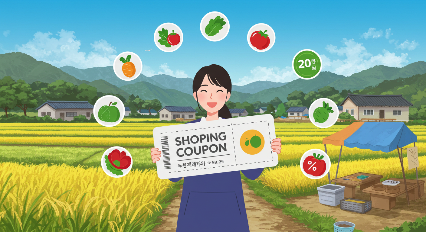농촌 배경에서 소비쿠폰을 들고 있는 사람의 명확한 삽화