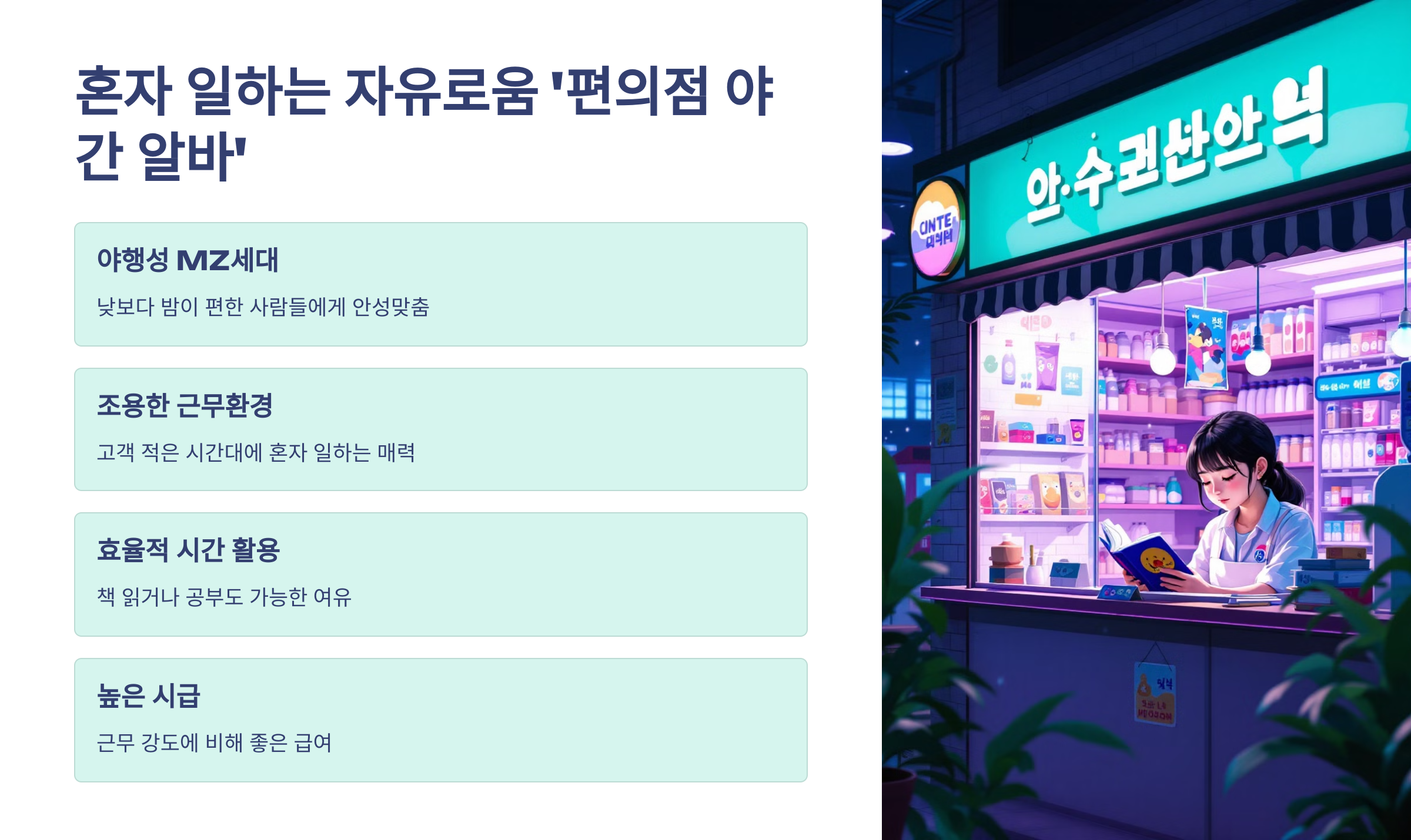 야간 알바를 하는 20대 초반의 여성이 카운터에서 혼자 책을 보면서 아르바이트를 하고 있는 모습
