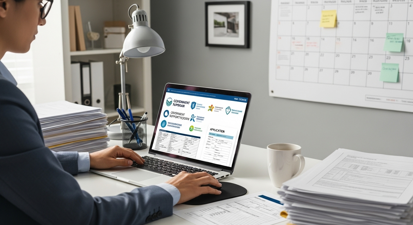 창업가가 책상에 앉아 정부 지원 사업 공고와 서류를 꼼꼼하게 검토하며 정보를 수집하는 모습.