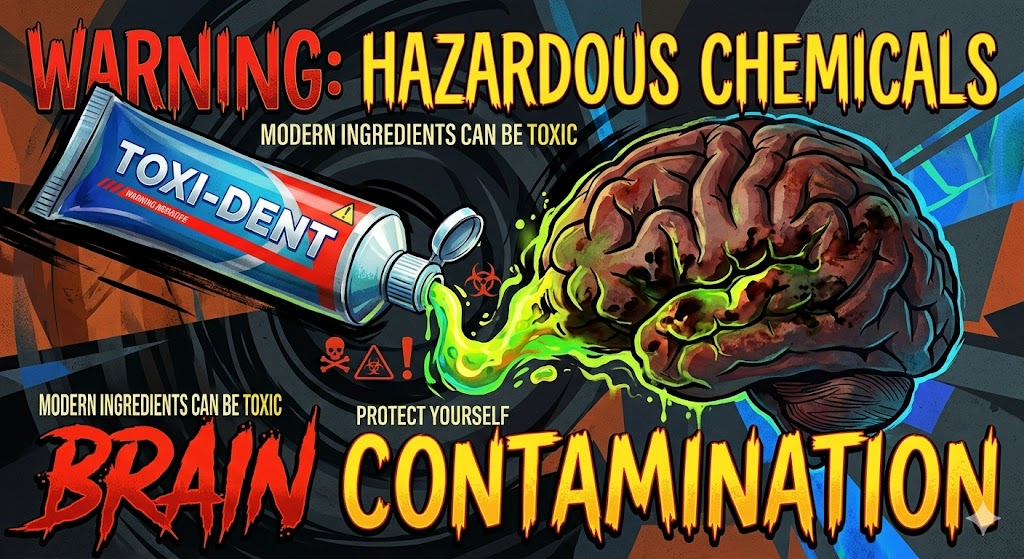 현대적인 치약 튜브에서 화학 성분이 새어 나와 뇌를 오염시키는 듯한 긴박한 그래픽 디자인