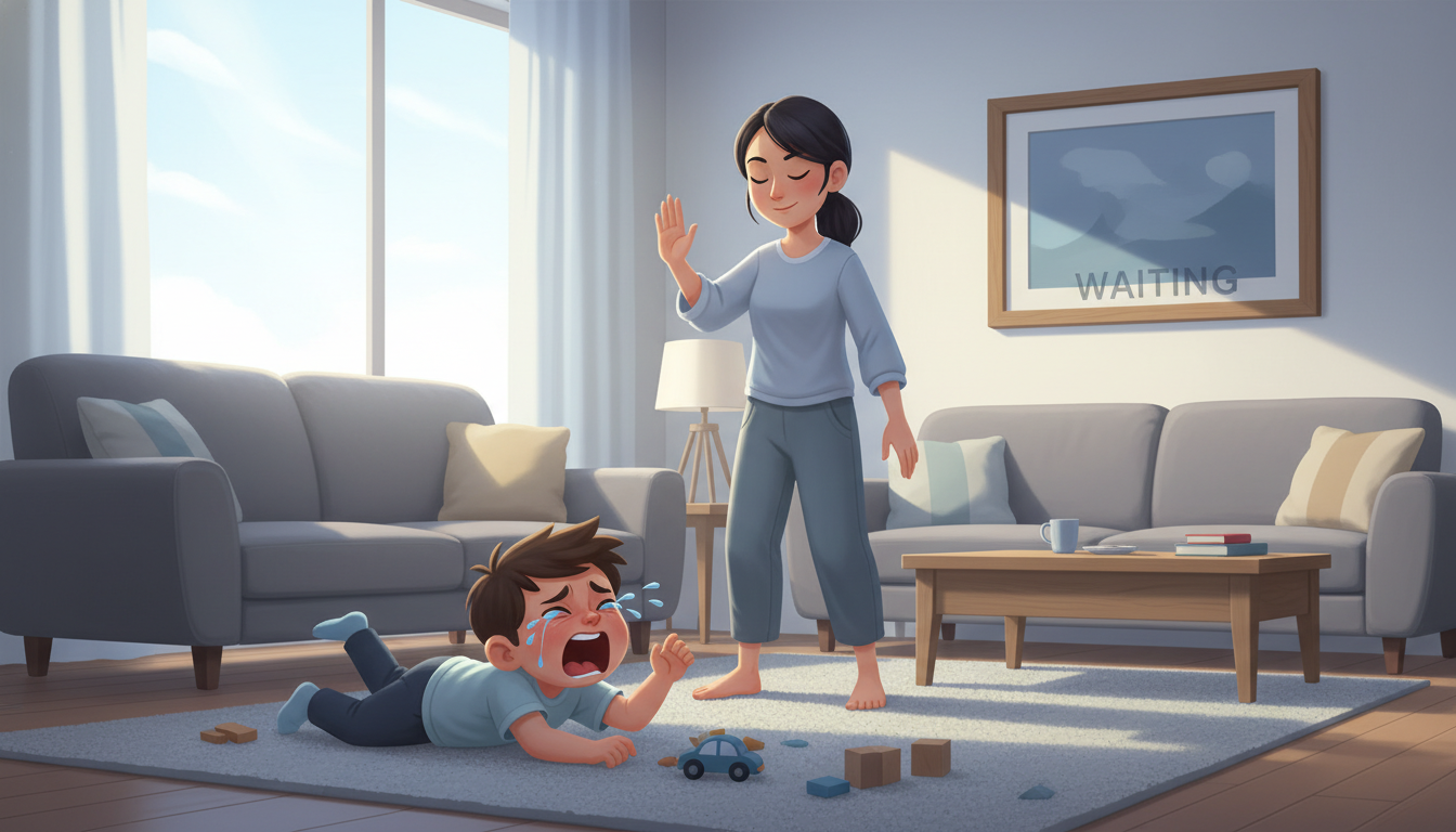 바닥에 누워 떼쓰는 아이를 단호하게 지켜보며 기다려주는 부모의 모습 일러스트