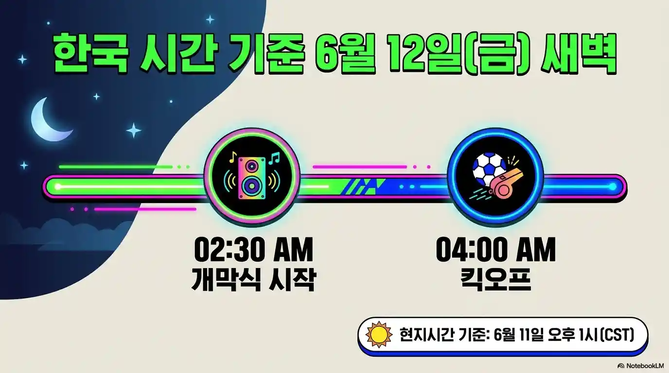 2026 월드컵 개막전 한국 시간 기준 일정 - 6월 12일(금) 새벽 2시 30분 개막식 시작, 4시 킥오프 (현지시간 6월 11일 오후 1시 CST)