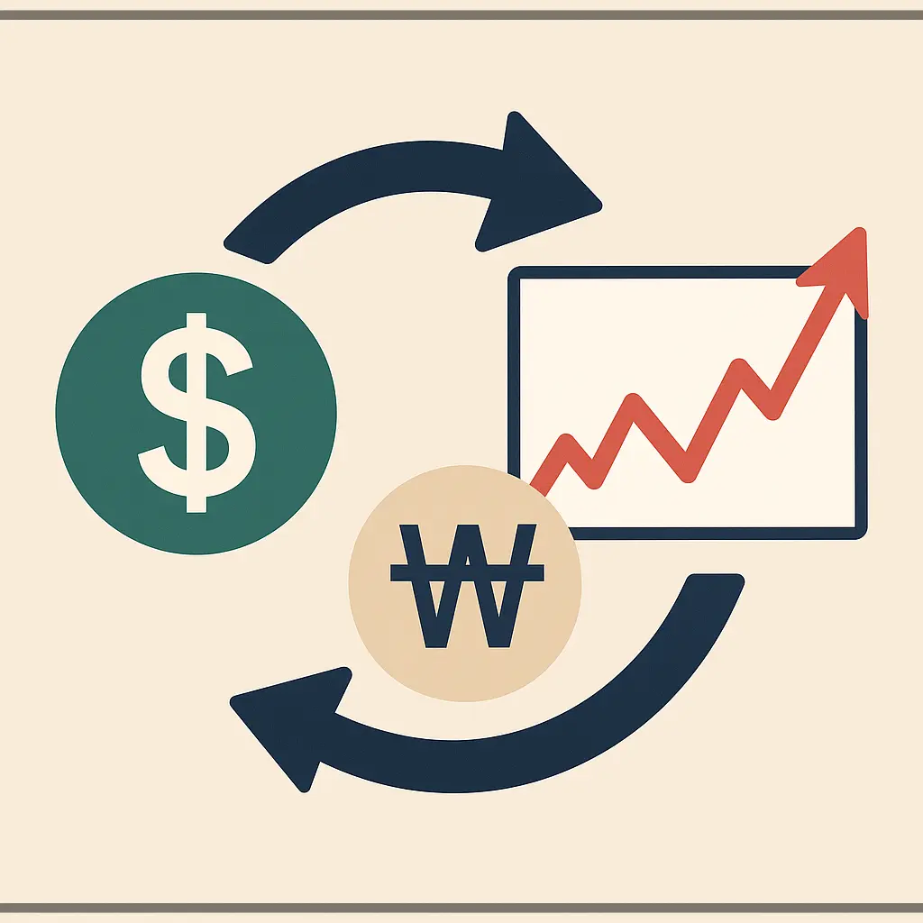 달러와 원화 아이콘 교환 이미지, 두 화폐가 서로 맞바뀌는 화살표로 표현된 그림