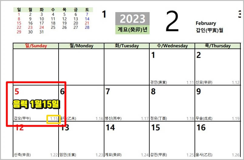 음력 1월 15일 간지는 갑오