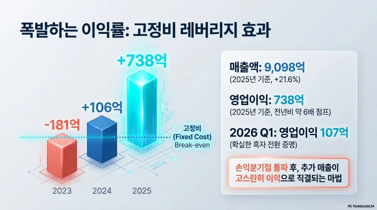 원익IPS의 실적 흐름을 보여주는 막대그래프 이미지. 영업이익이 2023년 181억원 적자에서 2025년 738억원으로 약 6배 급증한 고정비 레버리지 효과와 매출 9&amp;#44;098억원&amp;#44; 2026년 1분기 흑자 전환 지표를 시각적으로 전달함. 블로그의 원익IPS 실적과 재무제표 분석과 관련된 내용을 설명함 