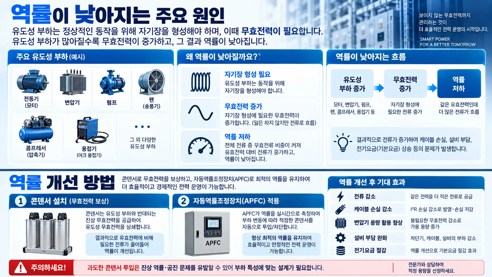 역률 저하 원인과 콘덴서 APFC를 이용한 역률 개선 방법 인포그래픽