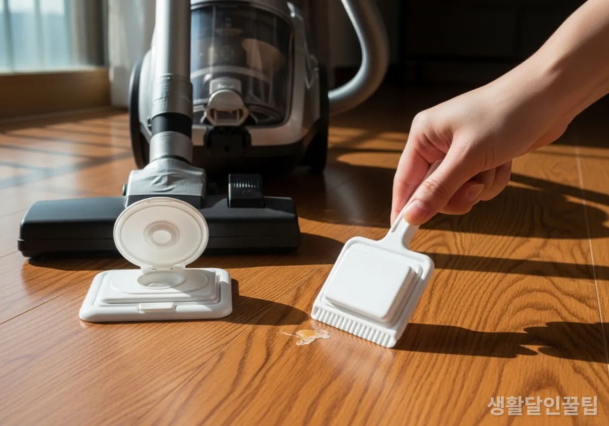 물티슈 캡을 진공청소기 노즐에 부착하거나 스크래퍼로 활용하는 DIY 청소 도구 모습