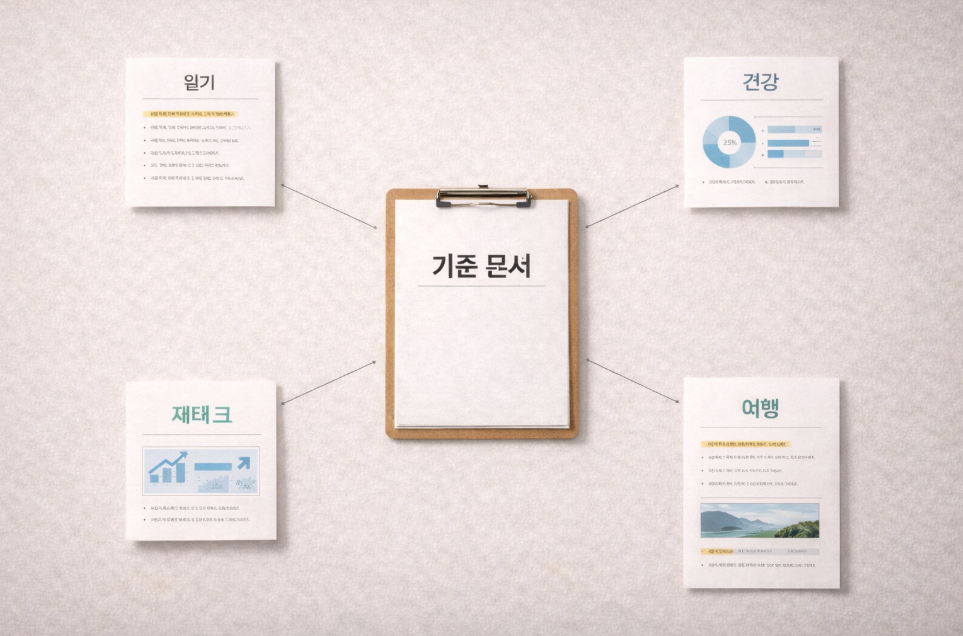 기준 문서를 중심으로 경험을 보조 자료로 배치한 블로그 구조 이미지