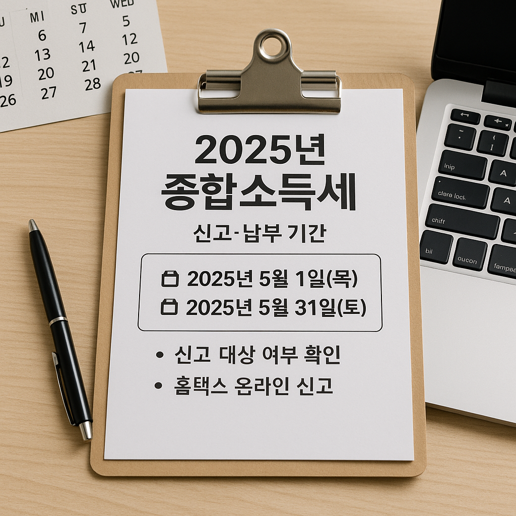 2025년 종합소득세 신고를 위한 국세청 홈택스 출력서류와 노트북 화면, 체크리스트가 함께 놓인 책상 위 풍경