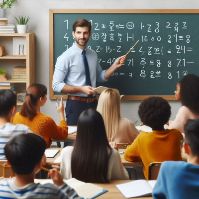 수학 문제를 풀이하는 선생님과 학생들이 함께 공부하는 모습입니다.