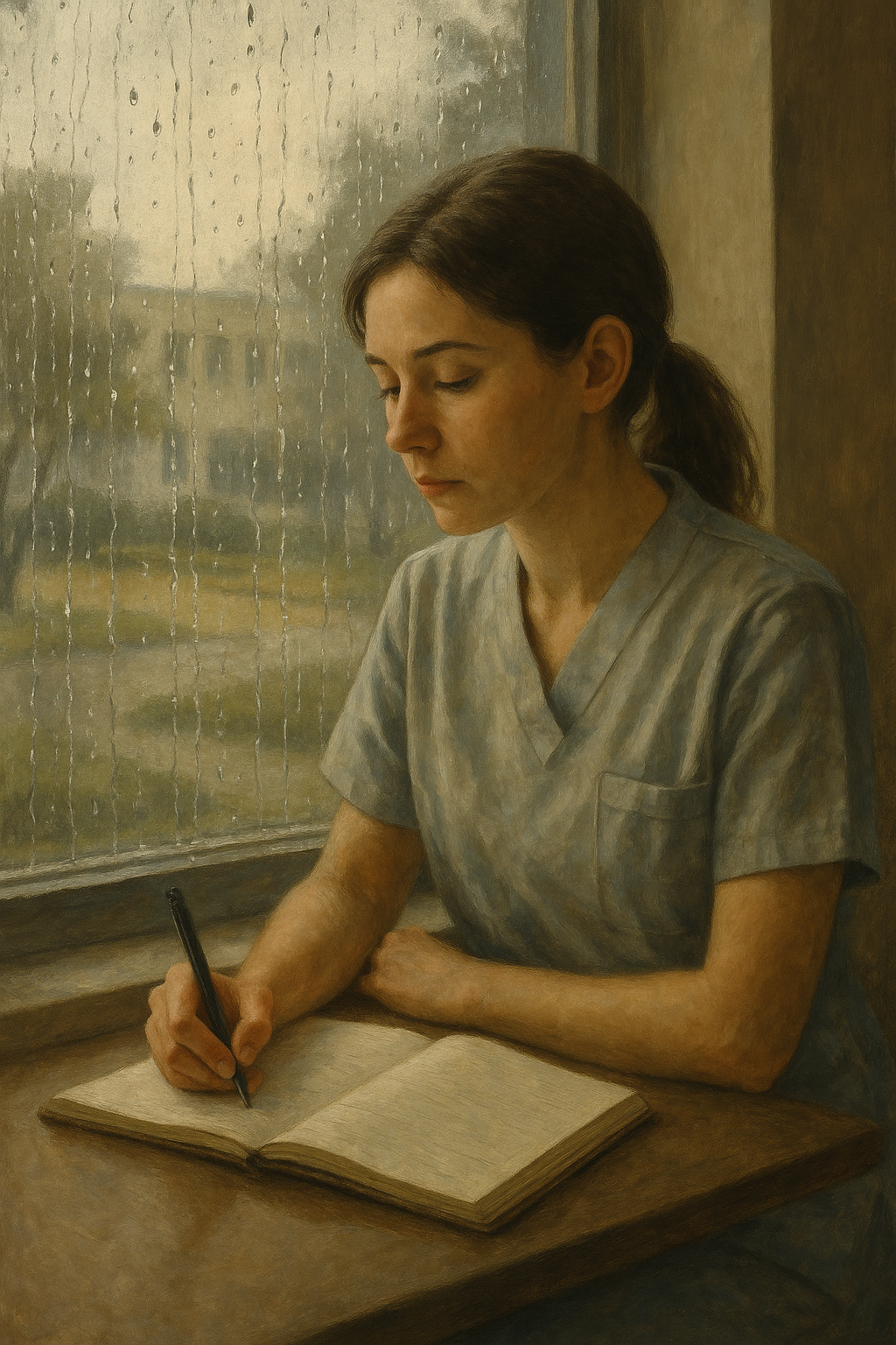 비오는 날 창가에서 글을 쓰고 있는 여자