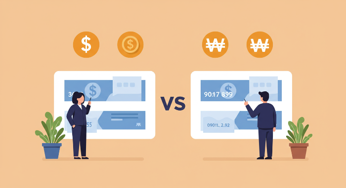 외화통장과 원화통장의 차이를 비교하는 한국인 일러스트, 각각 달러와 원화 아이콘이 함께 표현된 장면