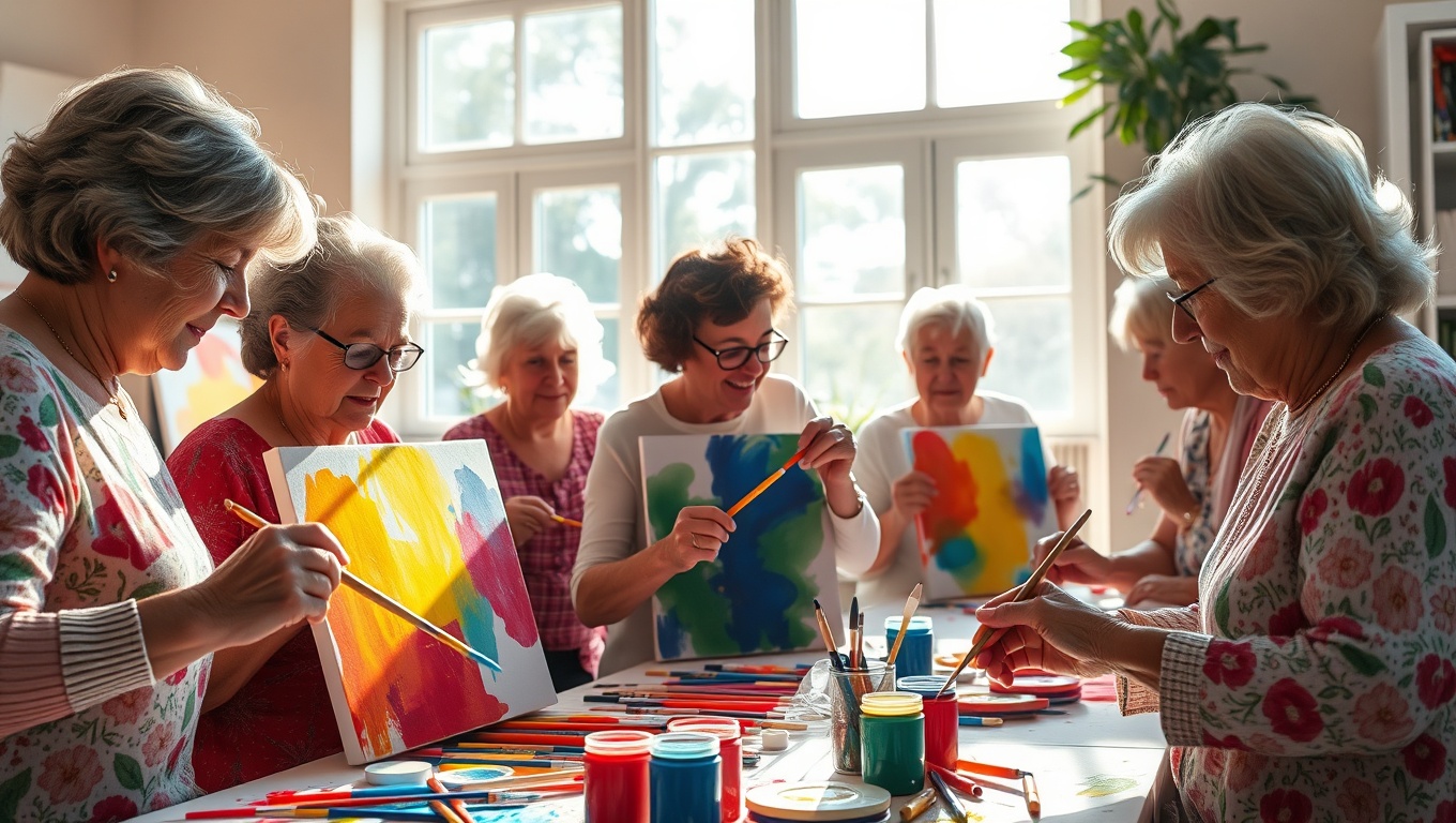 그림을 그리며 갱년기 집단치료 중인 여성들의 모습