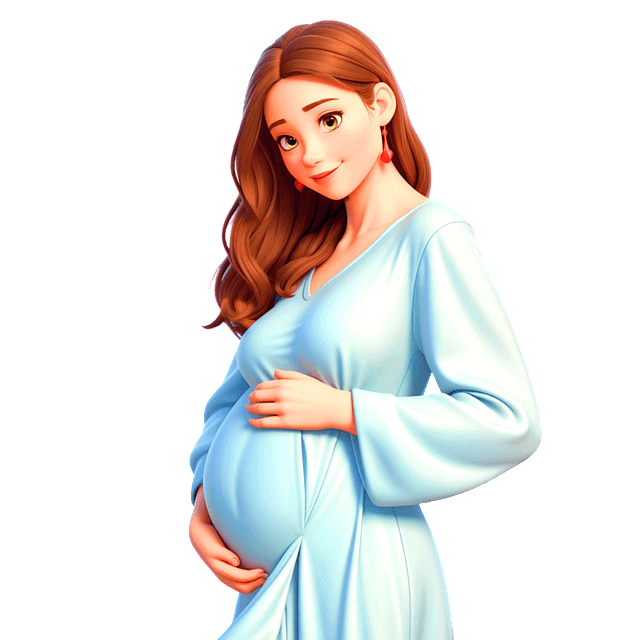 긴 갈색머리 여인이 임신했다. 블룩 튀어나온 배를 만지며 정면을 바라본다.