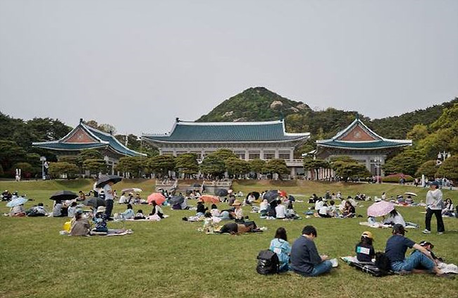 사람들이 청와대 잔디밭 광장에 앉아 자유 관람하는 사진