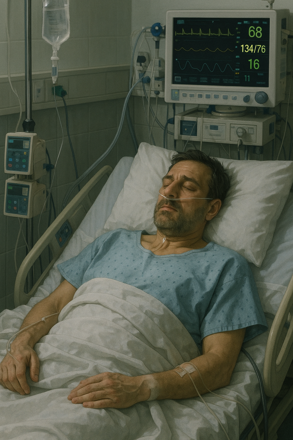 패혈증으로 중환자실에 들어간 남성 수액을 맞고 있음