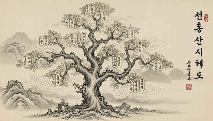 순흥 안씨의 3대 파군과 22개 지파를 형상화한 전통 수묵화 스타일의 계보도