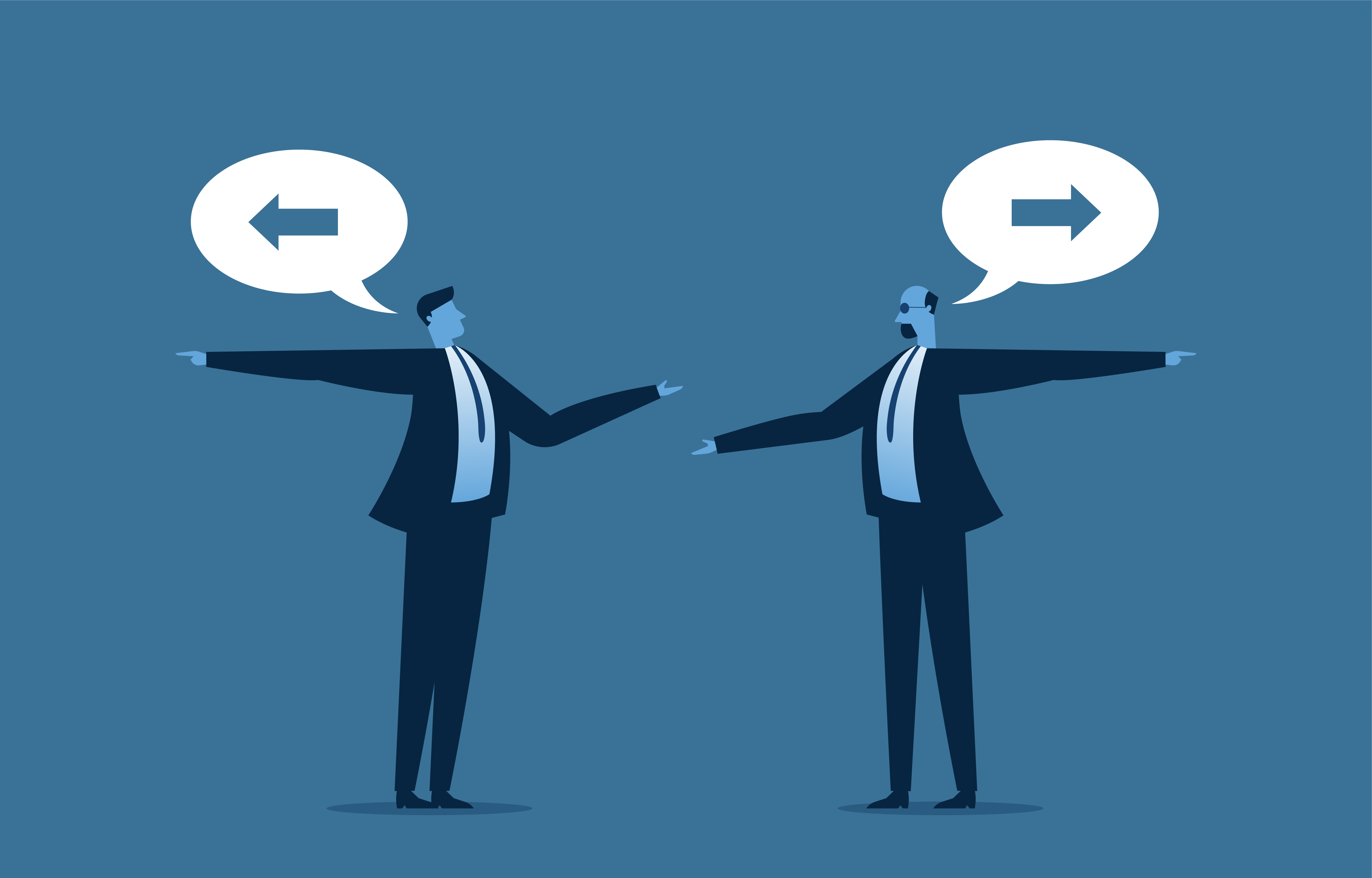 의견이 다른 두 사람이 서로 다른 방향을 고집함