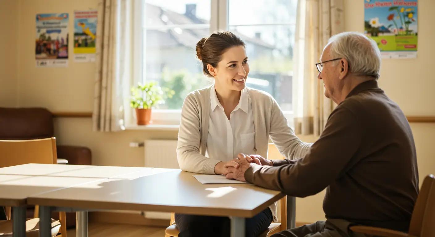 밝고 아늑한 복지관에서, 한 사회복지사가 어르신의 이야기를 따뜻하게 들어주며 위로하는 모습