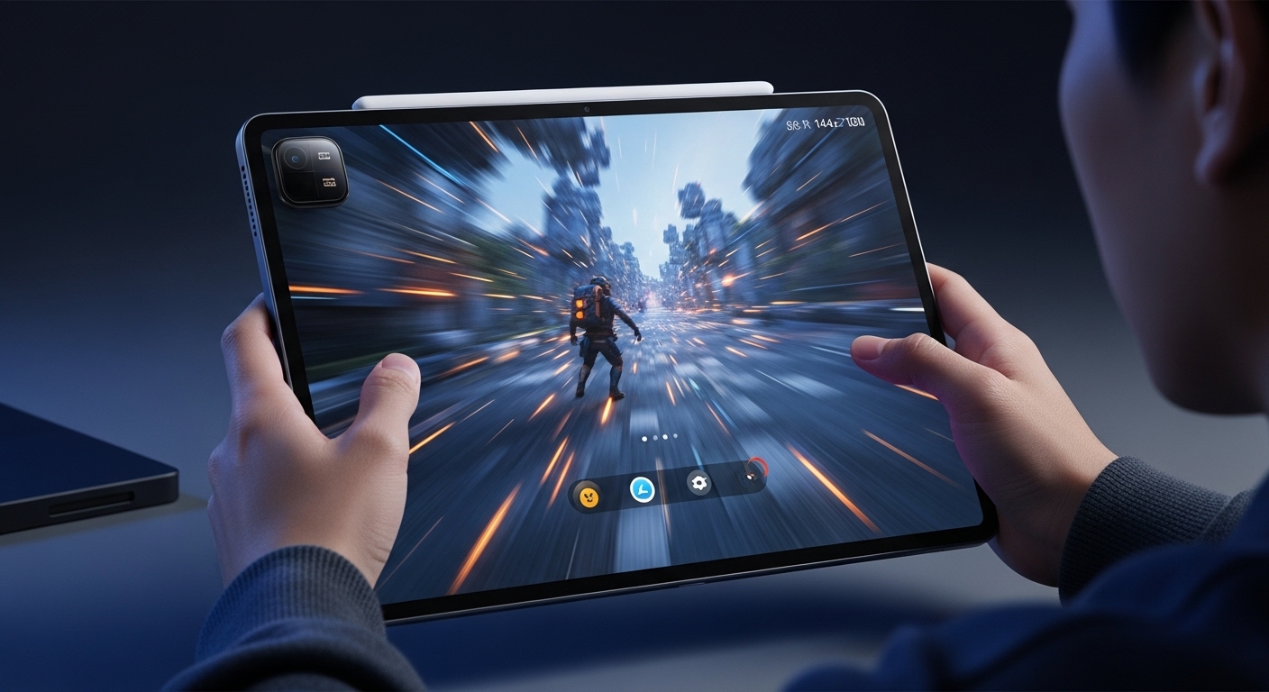 샤오미 패드 7으로 박진감 넘치는 게임을 즐기는 모습. 빠른 화면 전환을 통해 144Hz 고주사율과 고성능을 강조한다.