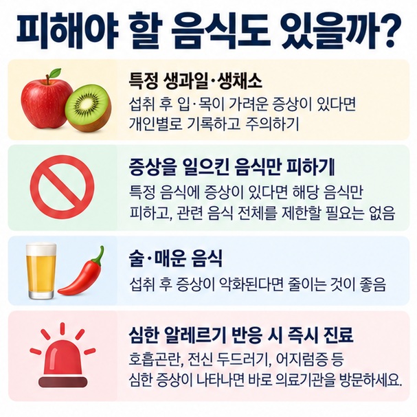 꽃가루 식품 알레르기 증후군 생과일 생채소 반응 증상 기록 개인별 유발 음식 회피 심한 알레르기 증상 진료 기준을 정리한 인포그래픽