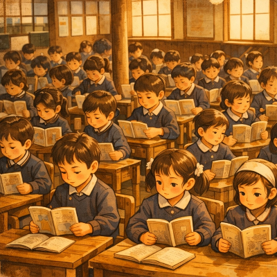 어린 시절 교실에서 학생들이 빽빽하게 앉아 있던 당시 학교 생활 모습