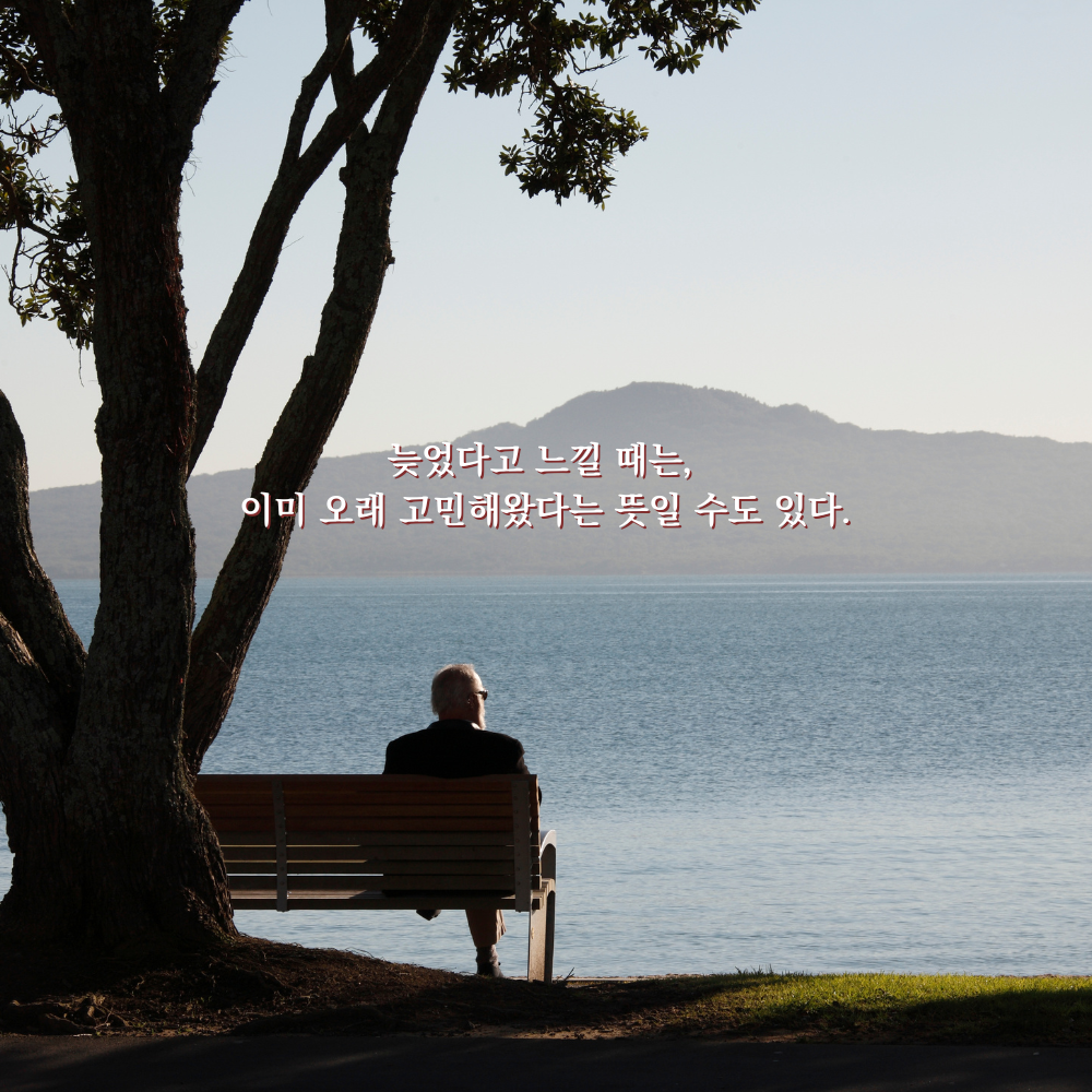 늦었다고 느낄 때는, 이미 오래 고민해왔다는 뜻일 수도 있다. - 감성 글귀 이미지