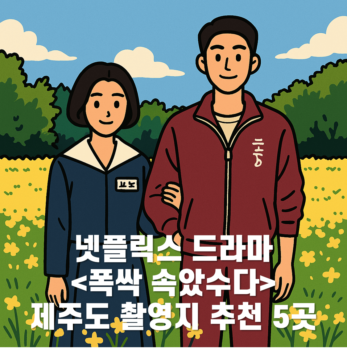 &quot;넷플릭스 드라마 &lt;폭싹 속았수다&gt; 제주도 촬영지 추천 5곳&quot;의 썸네일로 드라마 주인공들을 카툰화한 이미지