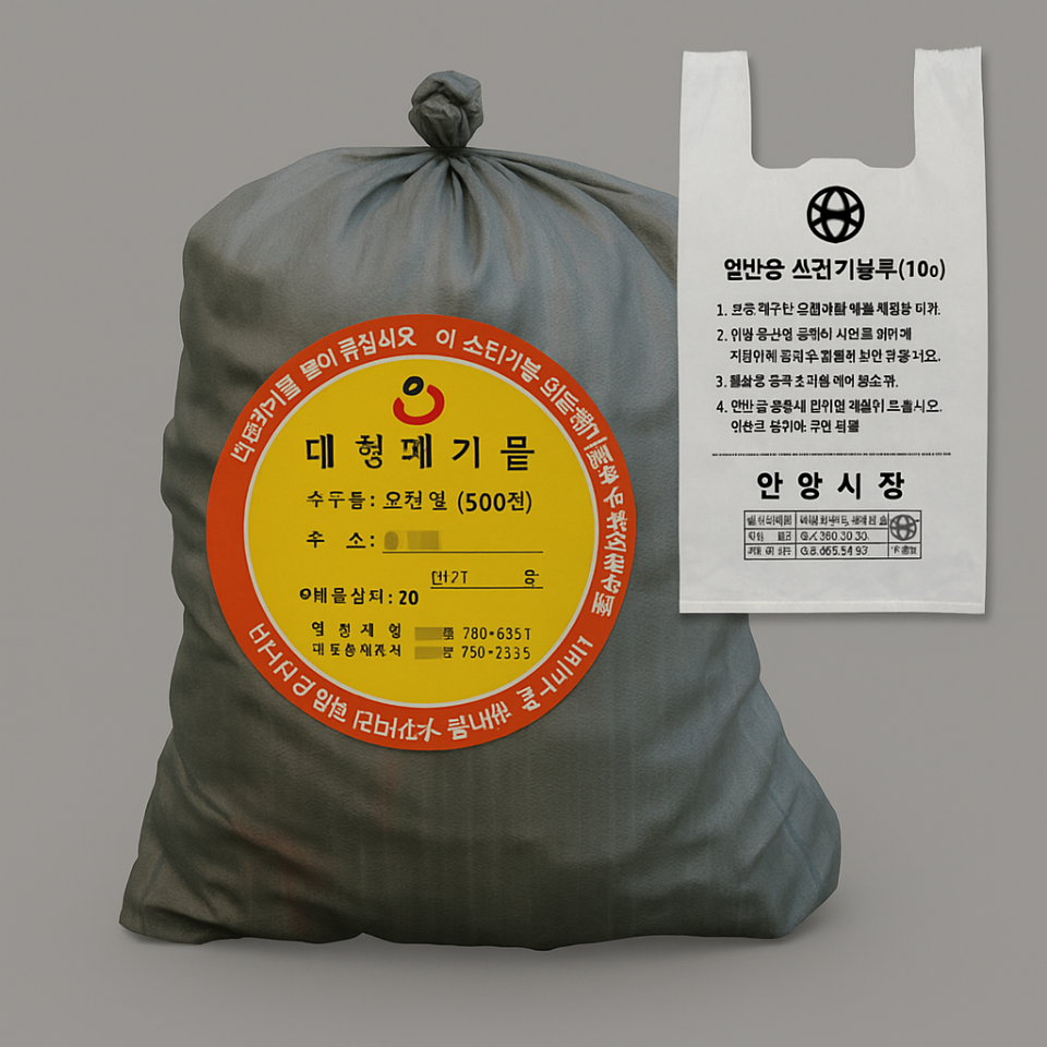대형폐기물 스티커가 붙은 회색 마대자루와 일반용 쓰레기 종량제 봉투가 함께 놓인 모습,ai이미지