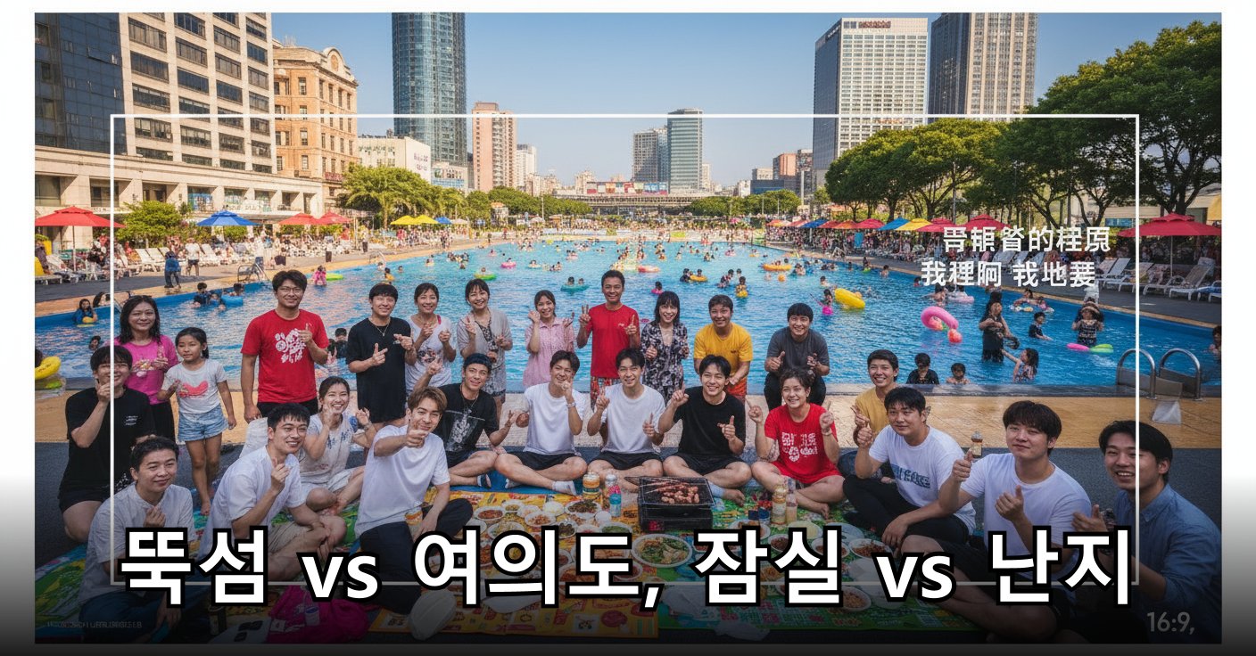 한강공원 수영장에서 즐거운 시간을 보내는 사람들