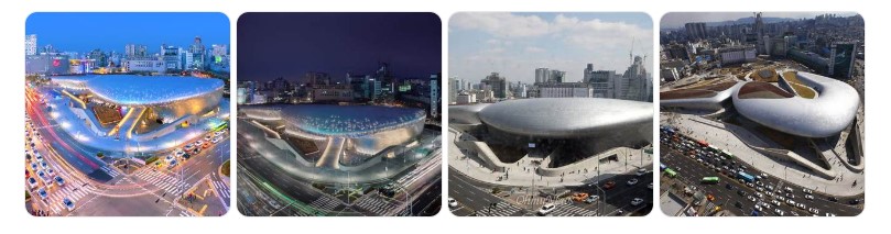 서울 동대문디자인플라자 DDP의 주야간 외관 전경과 미래지향적 건축미를 담은 사진