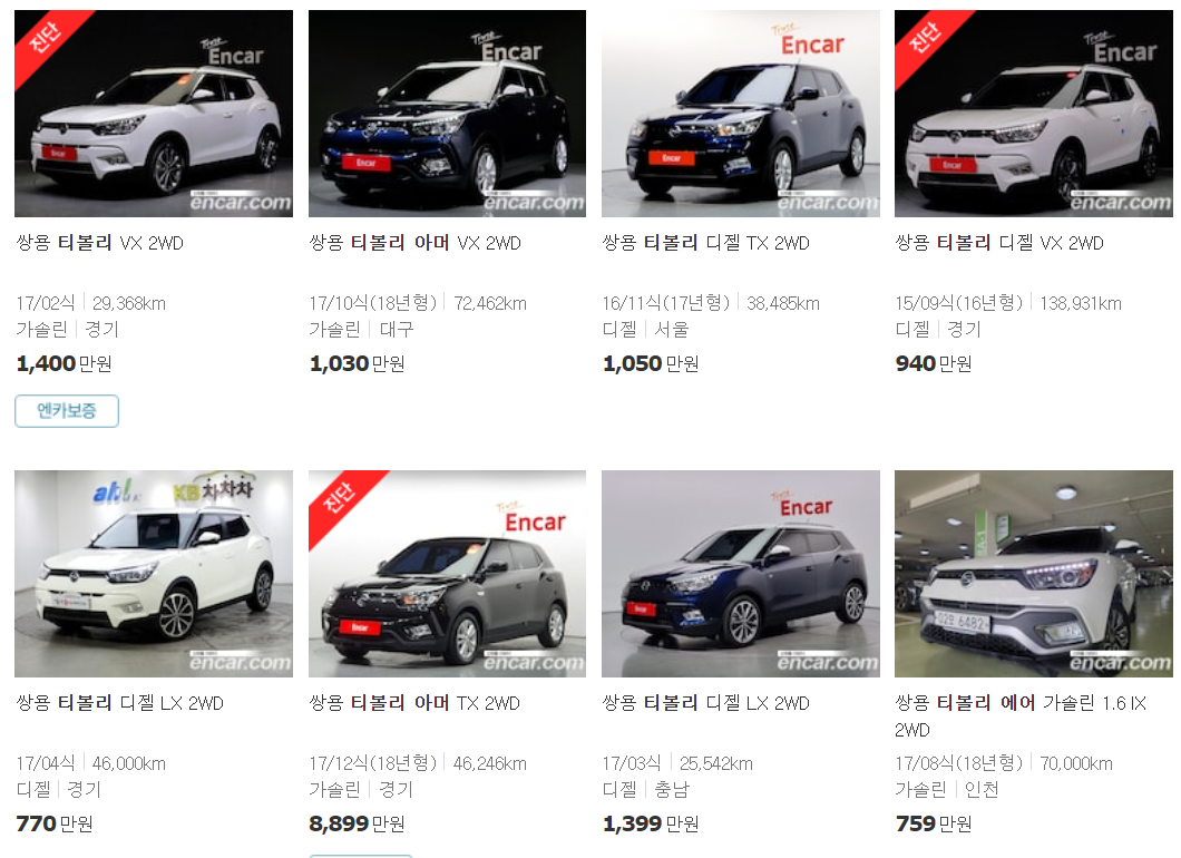 티볼리 중고차 가격 시세표 ❘ 15-22년식 중고 시세