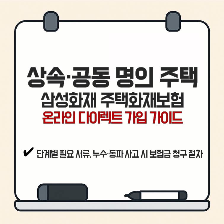 삼성화재 다이렉트 주택화재보험 상속 주택 및 공동 명의 온라인 가입 가이드 이미지. 단계별 필요 서류와 누수&middot;동파 사고 시 보험금 청구 절차 정보를 포함하고 있습니다.