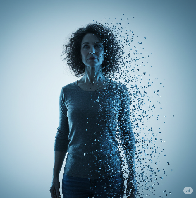 차가운 푸른 빛이 감도는 하얀 방 안에서, 픽셀화된 조각들이 떨어져 나와 주변에 이진 코드의 구름을 형성하며 디지털 변환을 보여줍니다.-구글 제미나이 생성 이미지